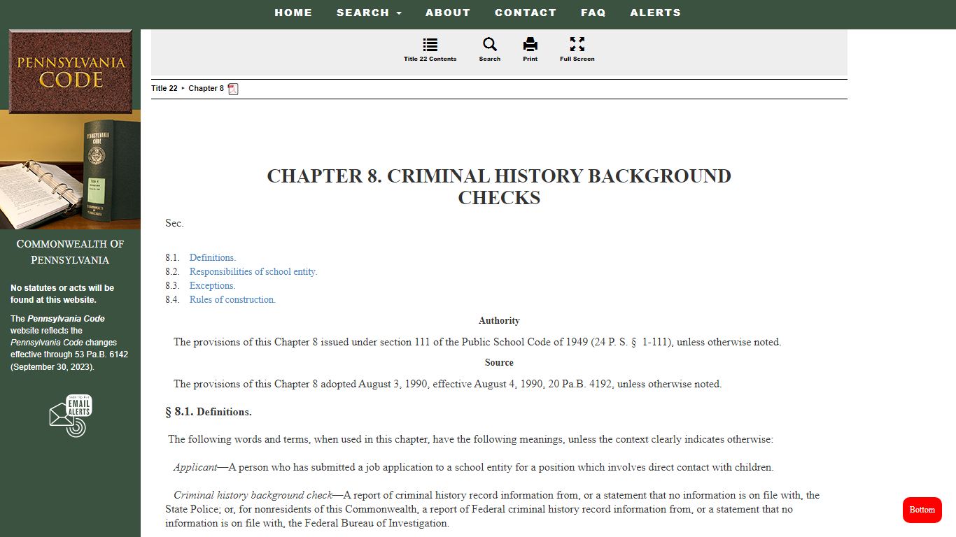 22 Pa. Code Chapter 8. Criminal History Background Checks